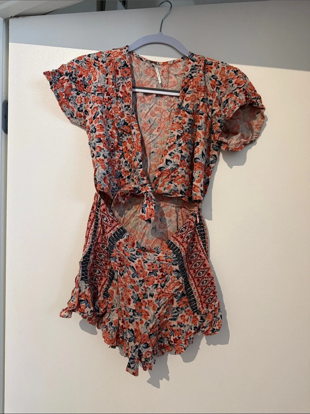 Free People Floral Tie-Front Romper in Coral and Navy
